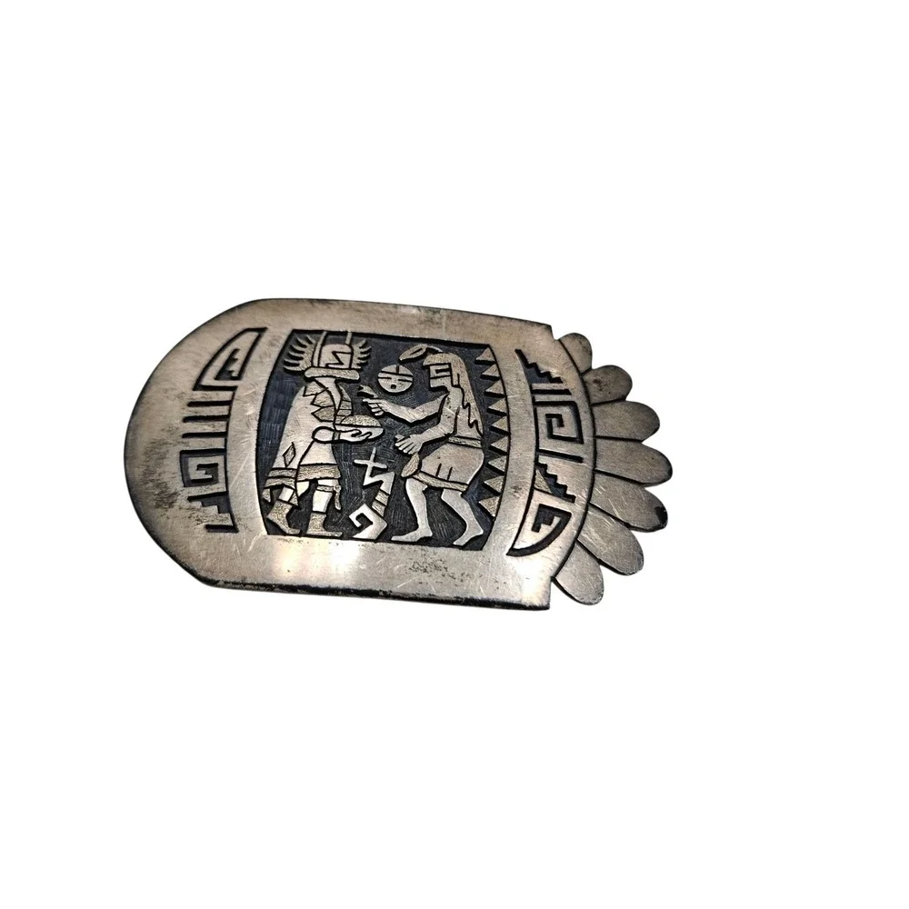 Vintage 70s Hopi‎ Sterling Silver Belt Buckle Native American Verden Mansfield
